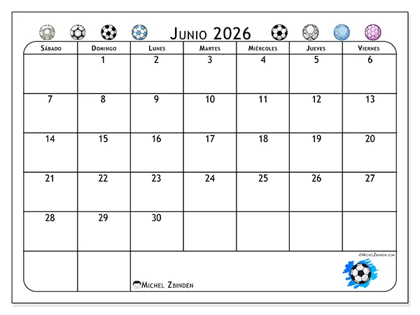 Calendario de junio de 2026 para imprimir - Pasión por el fútbol - Semana: de domingo a sábado