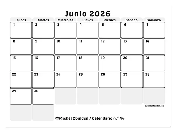 Calendario de junio de 2026 para imprimir - Planificación estructurada