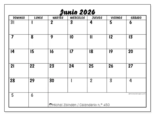 Calendario de junio de 2026 para imprimir - Organización detallada - Semana de domingo a sábado