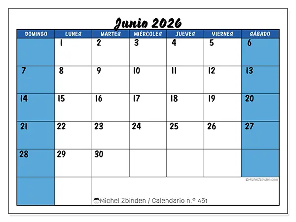 Calendario de junio de 2026 para imprimir - Organización dinámica - Semana: de domingo a sábado