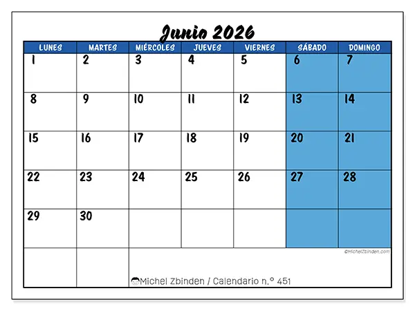 Calendario de junio de 2026 para imprimir - Organización dinámica