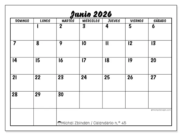 Calendario de junio de 2026 para imprimir - Éxito escolar - Semana: de domingo a sábado