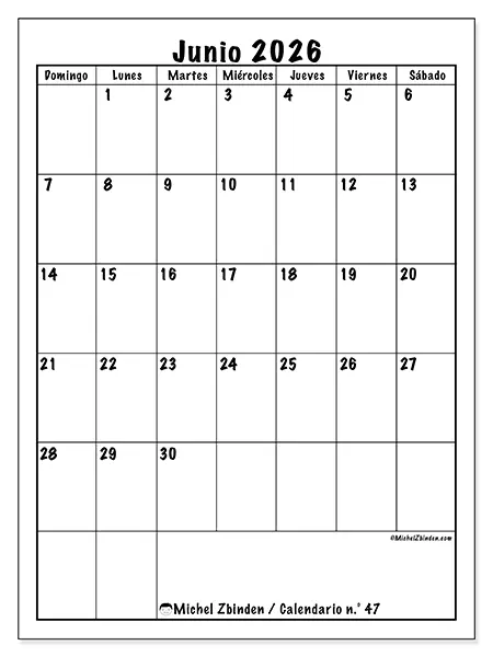 Calendario de junio de 2026 para imprimir - Planificación eficiente - Semana: de domingo a sábado