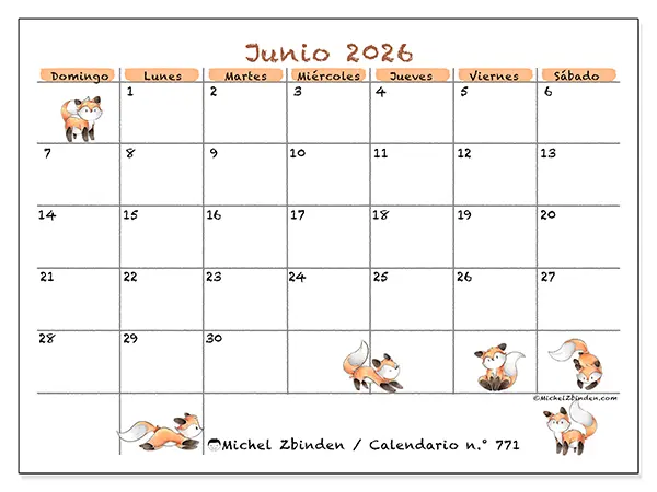 Calendario de junio de 2026 para imprimir - Dibujos de zorros - Semana: de domingo a sábado