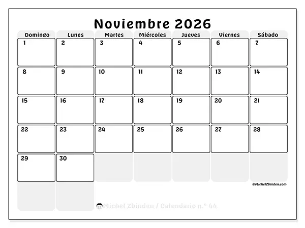 Calendario de noviembre de 2026 para imprimir - Planificación estructurada - Semana: de domingo a sábado