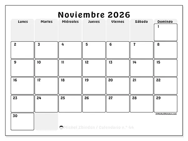 Calendario de noviembre de 2026 para imprimir - Planificación estructurada