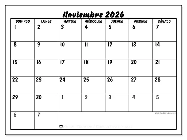Calendario de noviembre de 2026 para imprimir - Organización detallada - Semana: de domingo a sábado