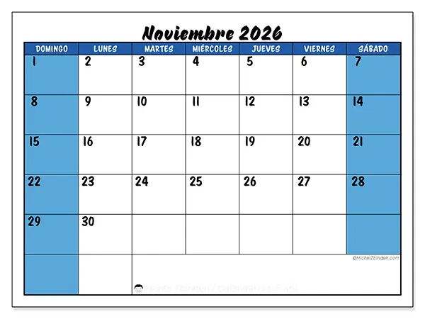 Calendario de noviembre de 2026 para imprimir - Organización dinámica - Semana: de domingo a sábado