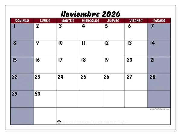 Calendario de noviembre de 2026 para imprimir - Productividad en color - Semana: de domingo a sábado