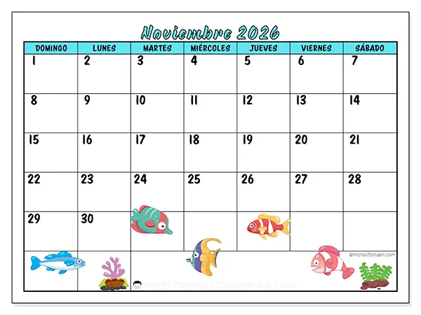 Calendario de noviembre de 2026 para imprimir - Peces coloridos - Semana: de domingo a sábado