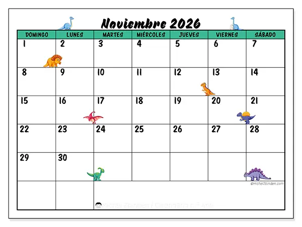 Calendario de noviembre de 2026 para imprimir - Pequeños dinosaurios - Semana: de domingo a sábado