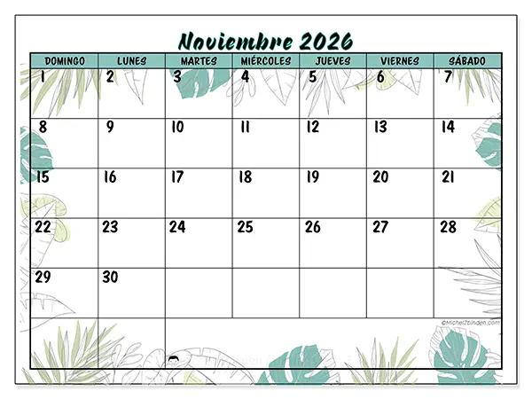 Calendario de noviembre de 2026 para imprimir - Naturaleza y jardín - Semana: de domingo a sábado