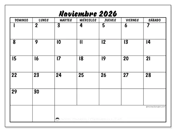 Calendario de noviembre de 2026 para imprimir - Éxito escolar - Semana: de domingo a sábado