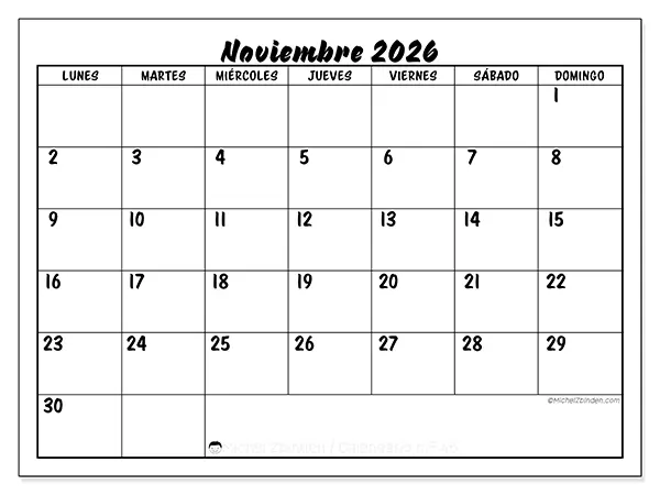 Calendario de noviembre de 2026 para imprimir - Éxito escolar