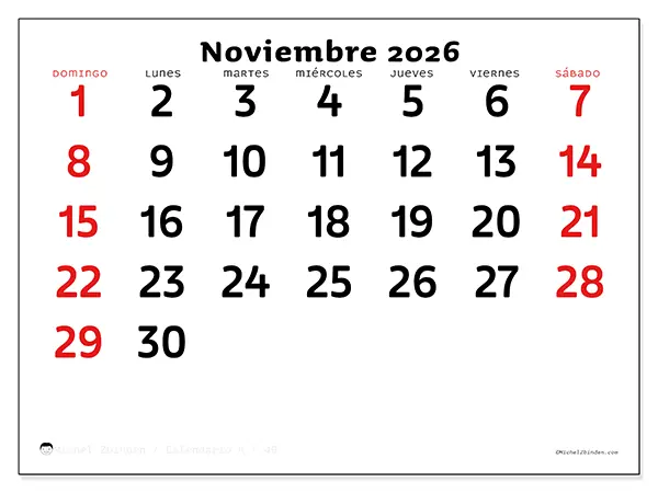 Calendario de noviembre de 2026 para imprimir - Visión clara - Semana: de domingo a sábado
