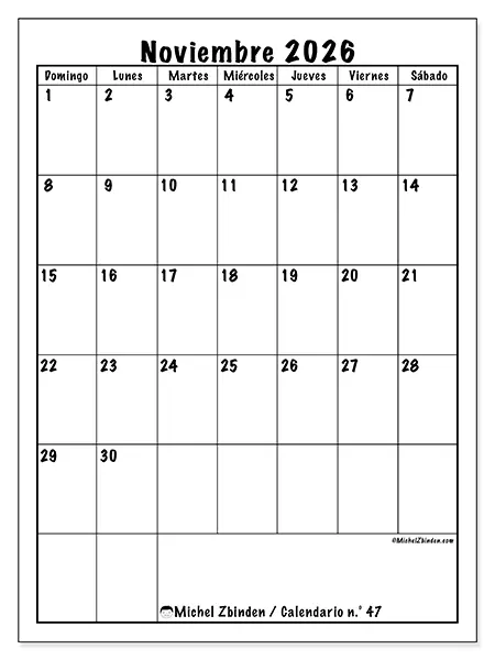 Calendario de noviembre de 2026 para imprimir - Planificación eficiente - Semana: de domingo a sábado