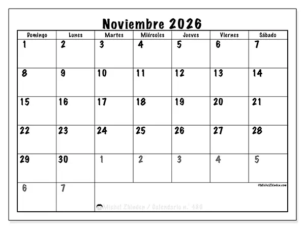 Calendario de noviembre de 2026 para imprimir - Planificación completa - Semana: de domingo a sábado