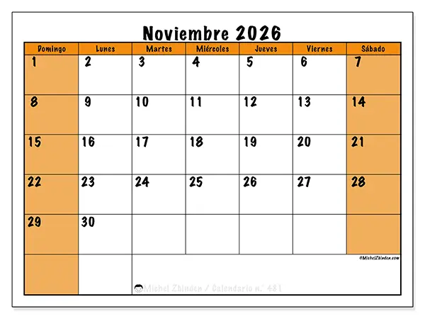 Calendario de noviembre de 2026 para imprimir - Planificación dinámica - Semana: de domingo a sábado
