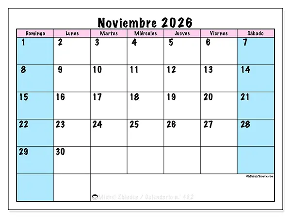 Calendario de noviembre de 2026 para imprimir - Horario de equipo - Semana: de domingo a sábado