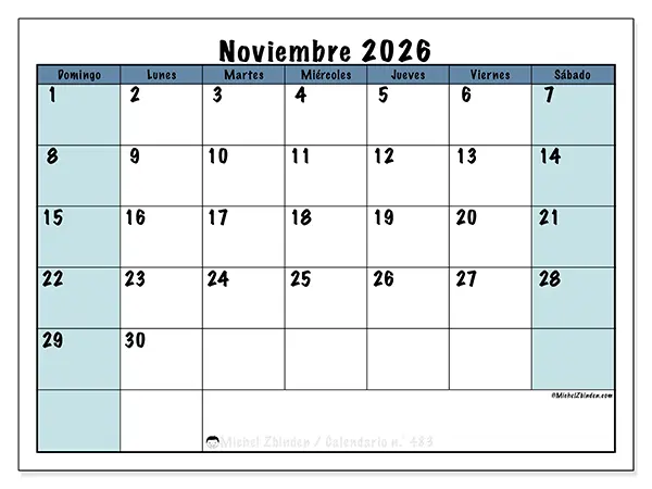 Calendario de noviembre de 2026 para imprimir - Estructura para la escuela - Semana: de domingo a sábado