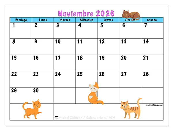 Calendario de noviembre de 2026 para imprimir - Amor por los gatos - Semana: de domingo a sábado