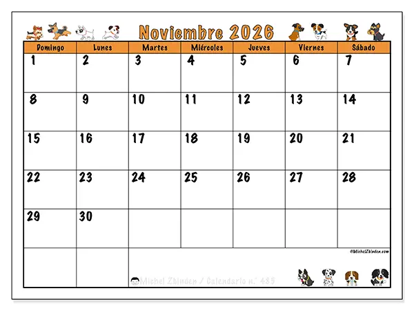 Calendario de noviembre de 2026 para imprimir - Perros entusiastas - Semana: de domingo a sábado