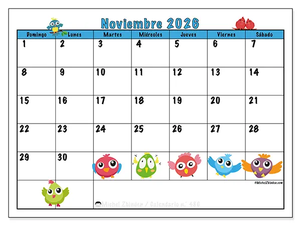 Calendario de noviembre de 2026 para imprimir - Pájaros divertidos - Semana: de domingo a sábado