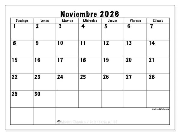 Calendario de noviembre de 2026 para imprimir - Eficiencia diaria - Semana: de domingo a sábado