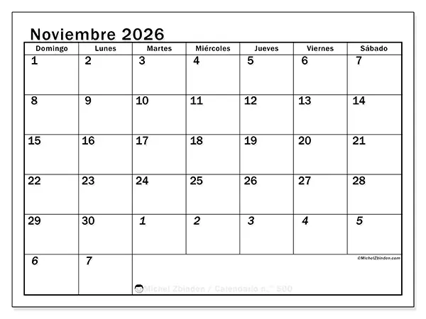 Calendario de noviembre de 2026 para imprimir - Planificación intensiva - Semana: de domingo a sábado
