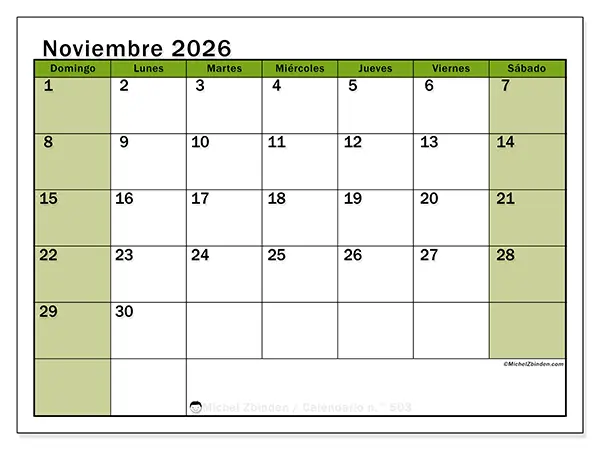 Calendario de noviembre de 2026 para imprimir - Organización viva - Semana: de domingo a sábado