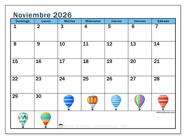 Calendario de noviembre de 2026 para imprimir - Globos aerostáticos - Semana: de domingo a sábado