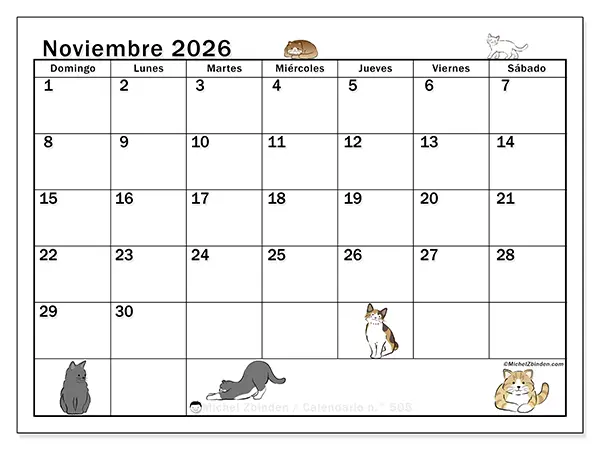 Calendario de noviembre de 2026 para imprimir - Vida de gato - Semana: de domingo a sábado