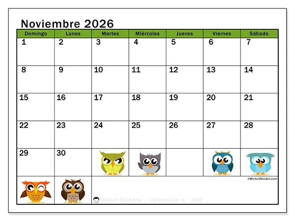 Calendario de noviembre de 2026 para imprimir - Búhos divertidos - Semana: de domingo a sábado