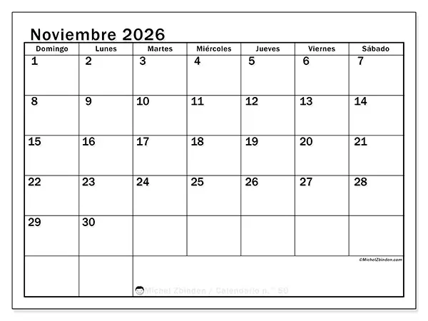 Calendario de noviembre de 2026 para imprimir - Planificación óptima - Semana: de domingo a sábado
