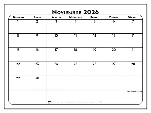 Calendario de noviembre de 2026 para imprimir - Organización profesional - Semana: de domingo a sábado