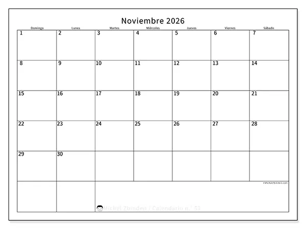 Calendario de noviembre de 2026 para imprimir - Horario eficiente - Semana: de domingo a sábado