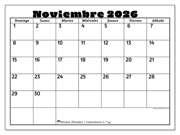 Calendario de noviembre de 2026 para imprimir - Actividades en familia - Semana: de domingo a sábado