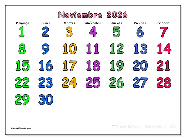 Calendario de noviembre de 2026 para imprimir - Momentos creativos - Semana: de domingo a sábado
