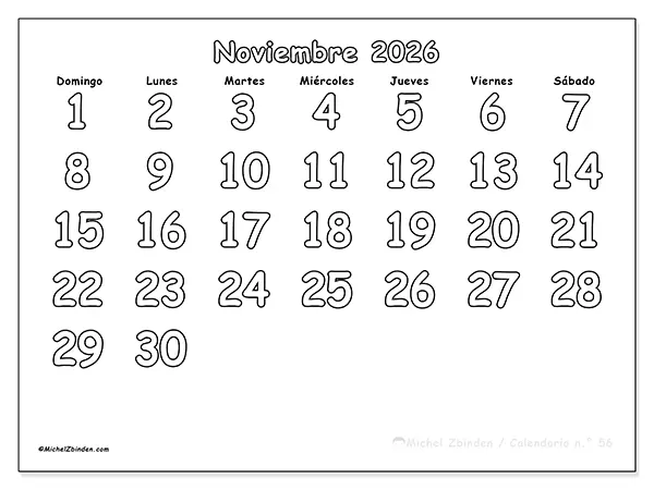 Calendario de noviembre de 2026 para imprimir - Colorear útil - Semana: de domingo a sábado