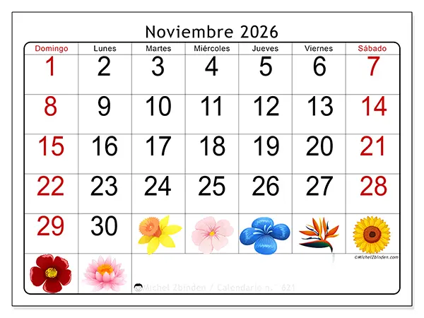 Calendario de noviembre de 2026 para imprimir - Flores grandes - Semana: de domingo a sábado