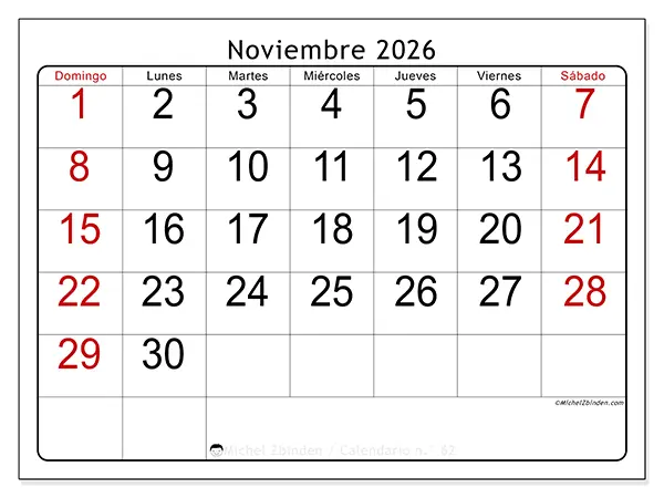 Calendario de noviembre de 2026 para imprimir - Lectura rápida - Semana: de domingo a sábado