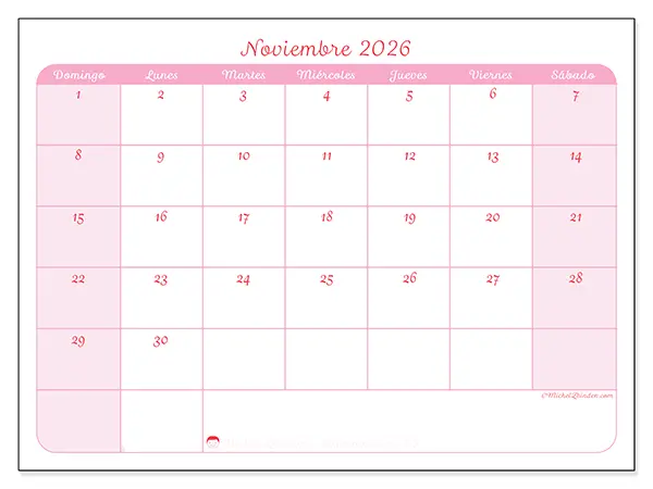 Calendario de noviembre de 2026 para imprimir - Organización en suavidad - Semana: de domingo a sábado