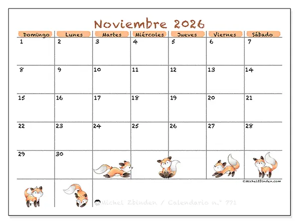 Calendario de noviembre de 2026 para imprimir - Dibujos de zorros - Semana: de domingo a sábado