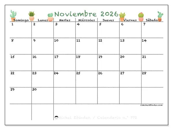 Calendario de noviembre de 2026 para imprimir - Cactus decorativos - Semana: de domingo a sábado