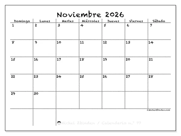 Calendario de noviembre de 2026 para imprimir - Escuela y familia - Semana: de domingo a sábado