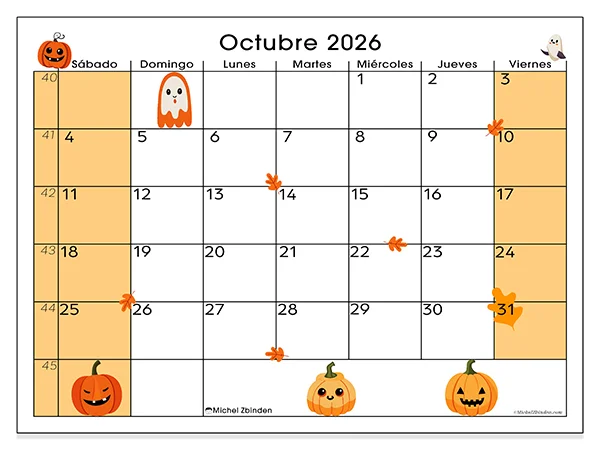 Calendario de octubre de 2026 para imprimir - Ambiente de Halloween - Semana: de domingo a sábado
