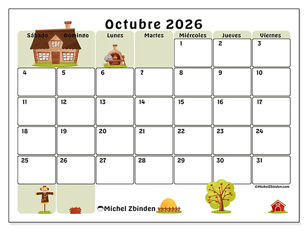 Calendario de octubre de 2026 para imprimir - Visita a la granja - Semana: de domingo a sábado