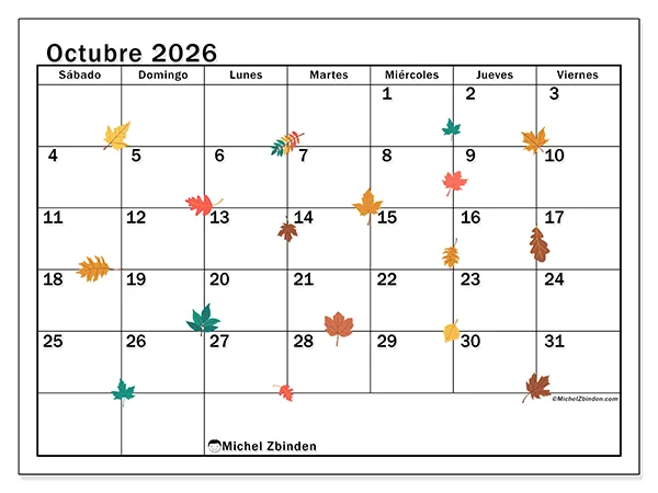 Calendario de octubre de 2026 para imprimir - Hojas de otoño - Semana: de domingo a sábado