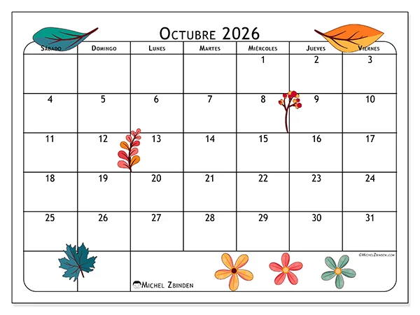 Calendario de octubre de 2026 para imprimir - Flores de octubre - Semana: de domingo a sábado