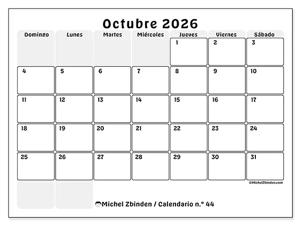 Calendario de octubre de 2026 para imprimir - Planificación estructurada - Semana: de domingo a sábado